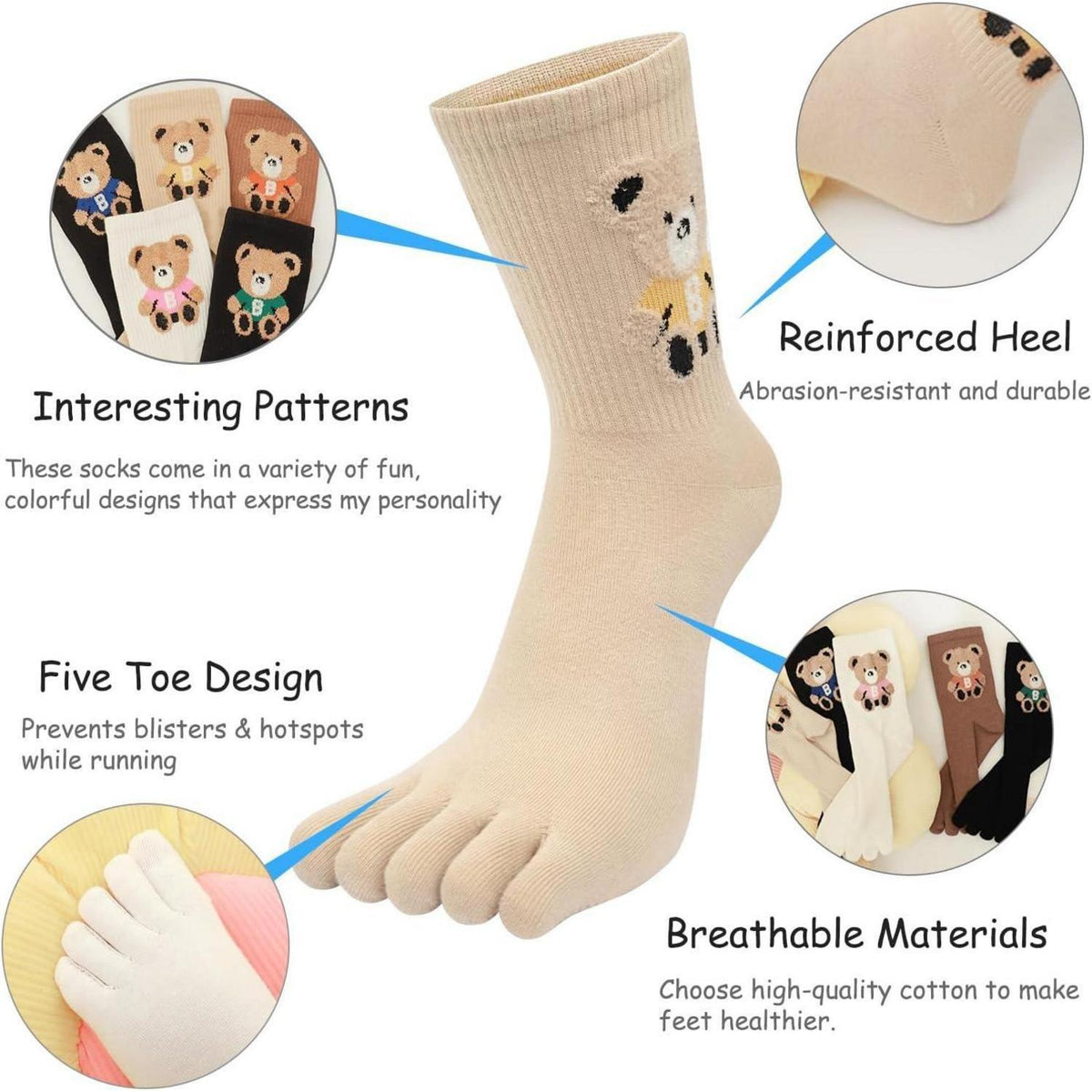 Damen Zehensocken Baumwolle Tier Cartoon – 5er Pack (35-40)