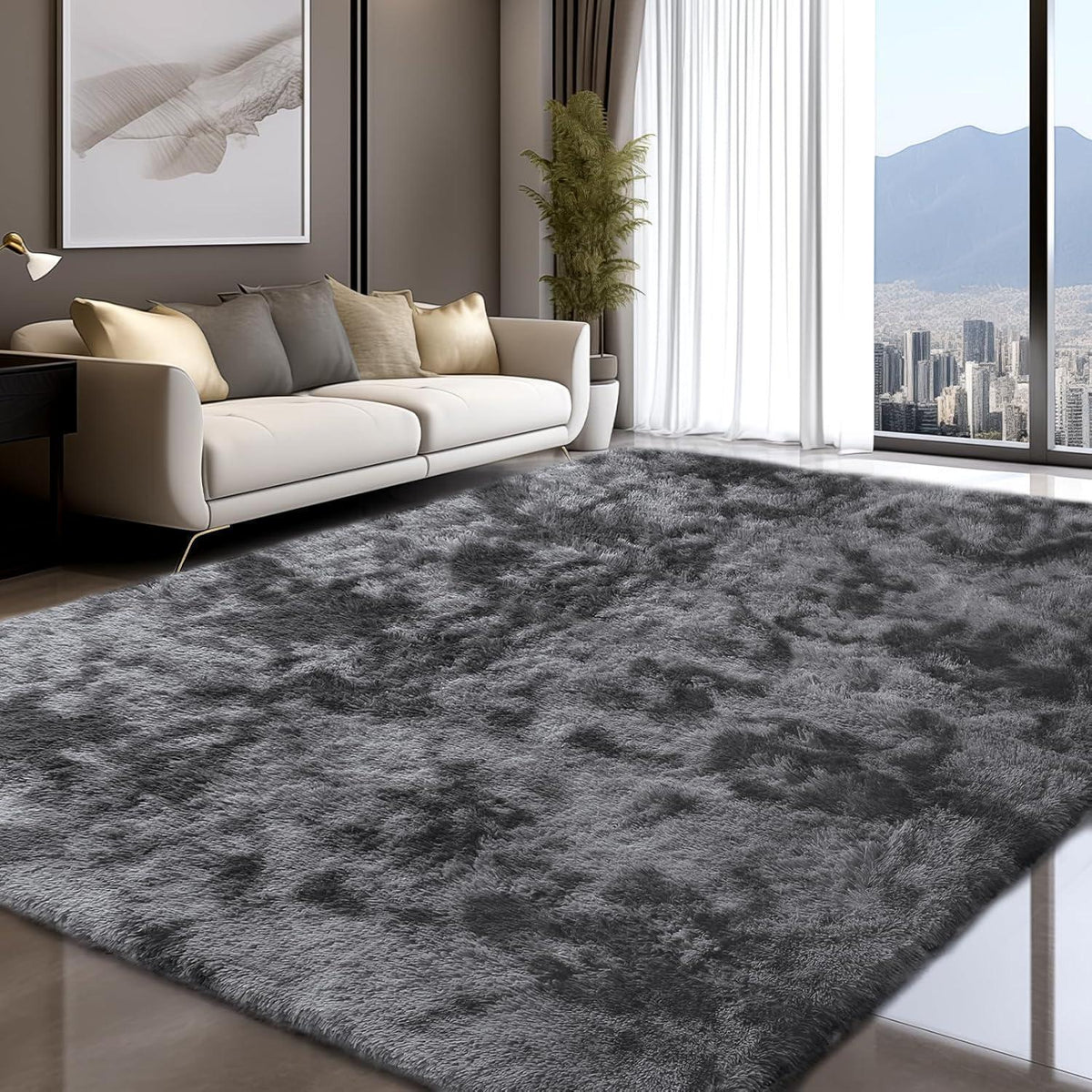 Hochflor Teppich Grau 240x300 - Flauschiger Wohnzimmerteppich Waschbar