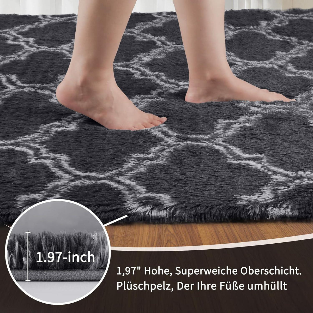 Grauer Hochflor Teppich 240x340 – Waschbar & Rutschfest für Wohnzimmer