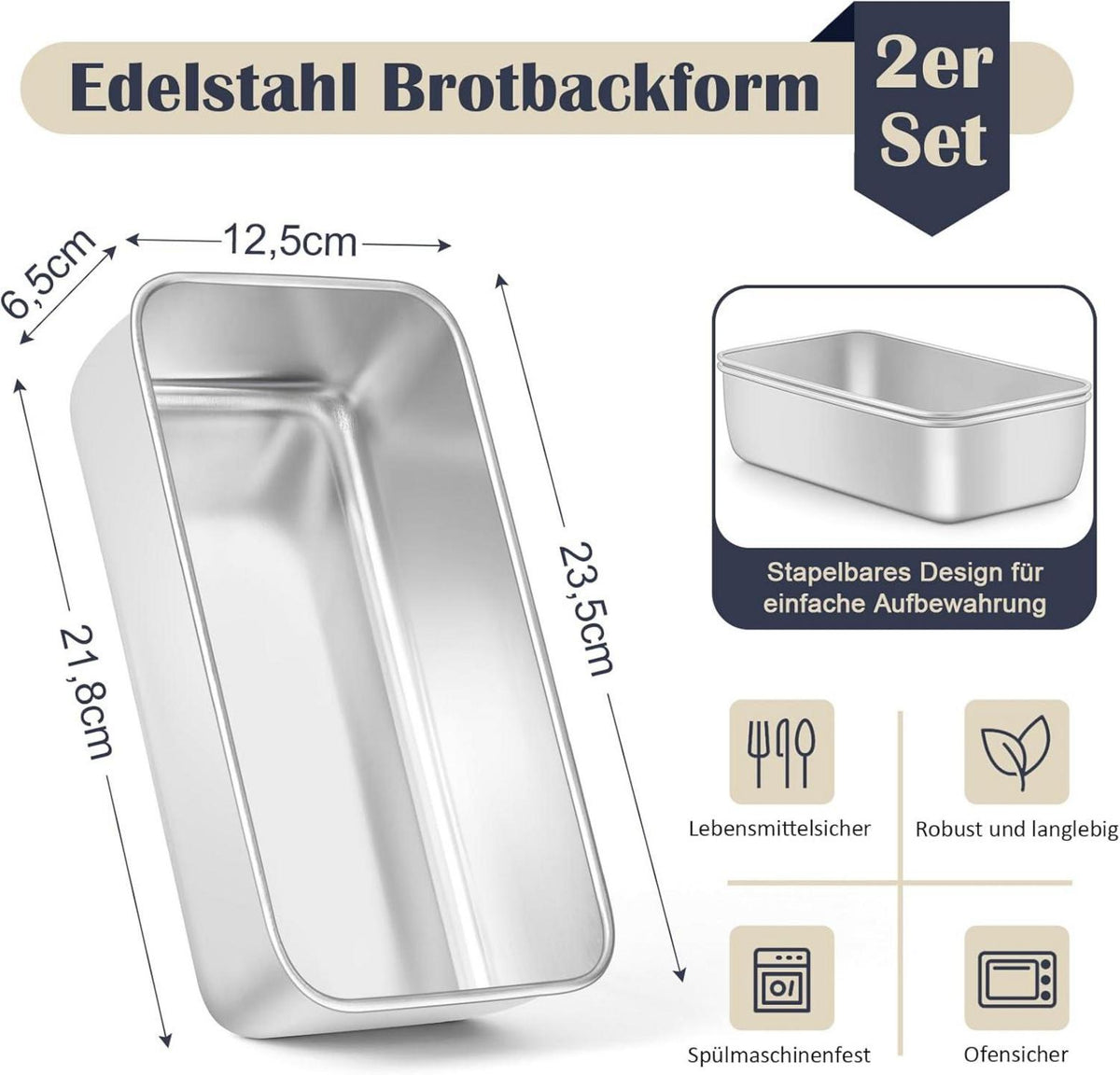 Edelstahl Brotbackform 2er-Set Rechteckig 23,5 x 12,5 x 6,5
