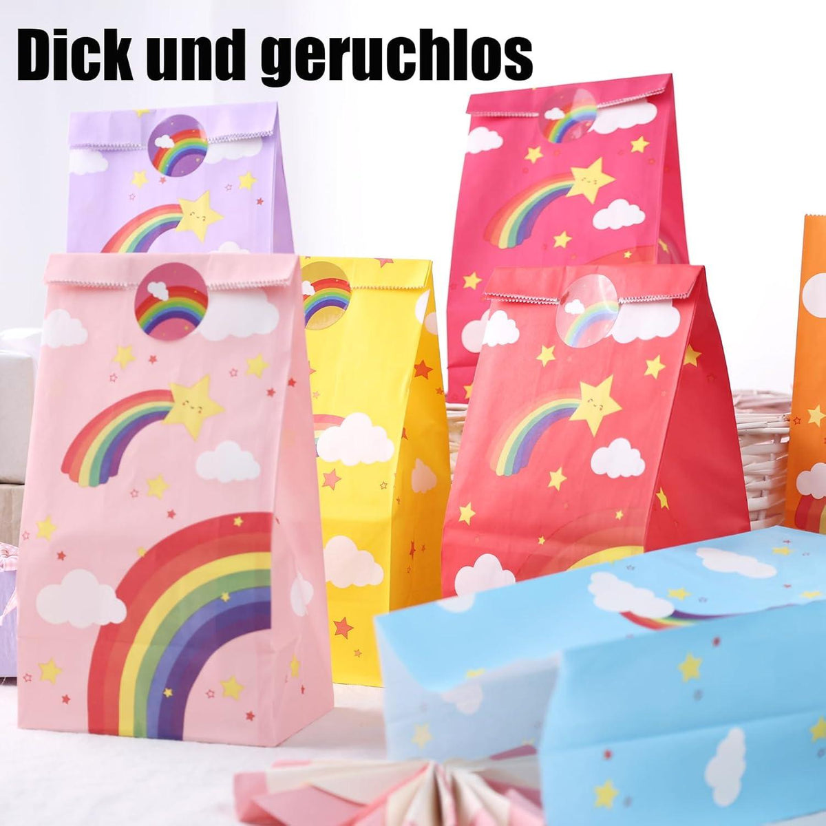 40 Stück Regenbogen Geschenktüten mit Aufkleber, Kraftpapier