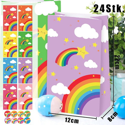 24 Regenbogen Geschenktüten mit Aufkleber für Party Hochzeit Kids - Kraftpapier Candy Tüten 8 Farben