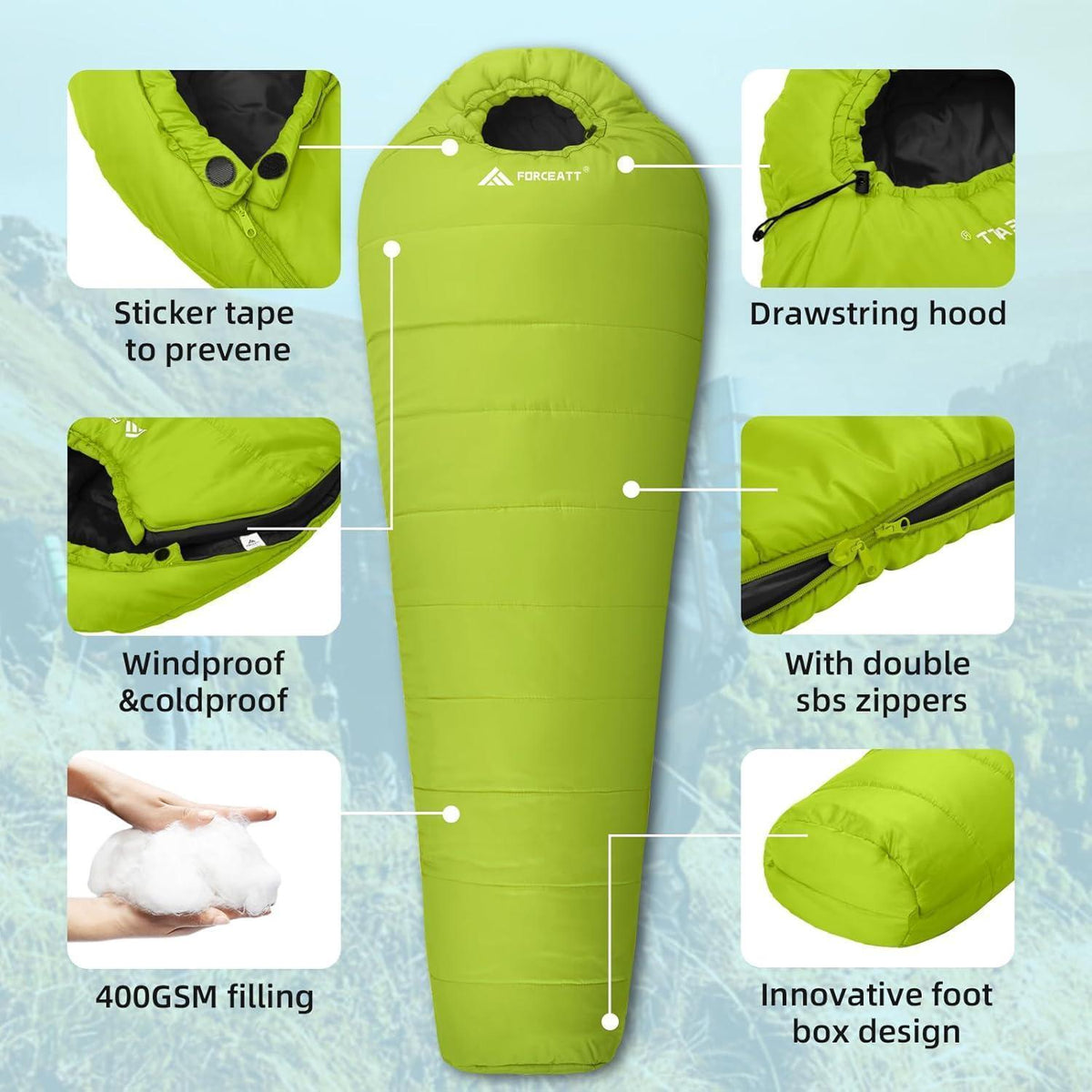 Mumienschlafsack 4 Jahreszeiten -10°C bis 15°C, Grün
