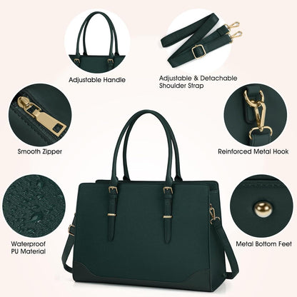 IGOLUMON Handtasche Damen Große Tasche Dunkelgrün Laptoptasche PU Leder 15.6 Zoll Umhängetasche Tote