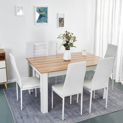 Moderner Esstisch Set mit 6 Stühlen – Weiß & Eiche in Lederoptik