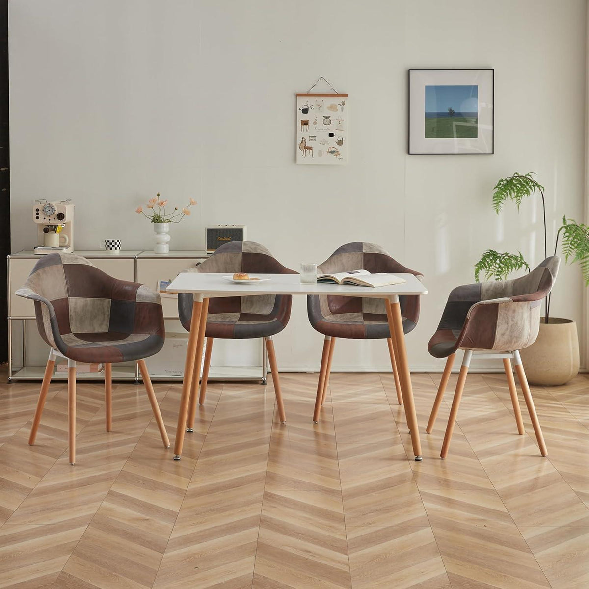 Patchwork Esszimmerstühle mit Armlehnen – 4er Set Braun