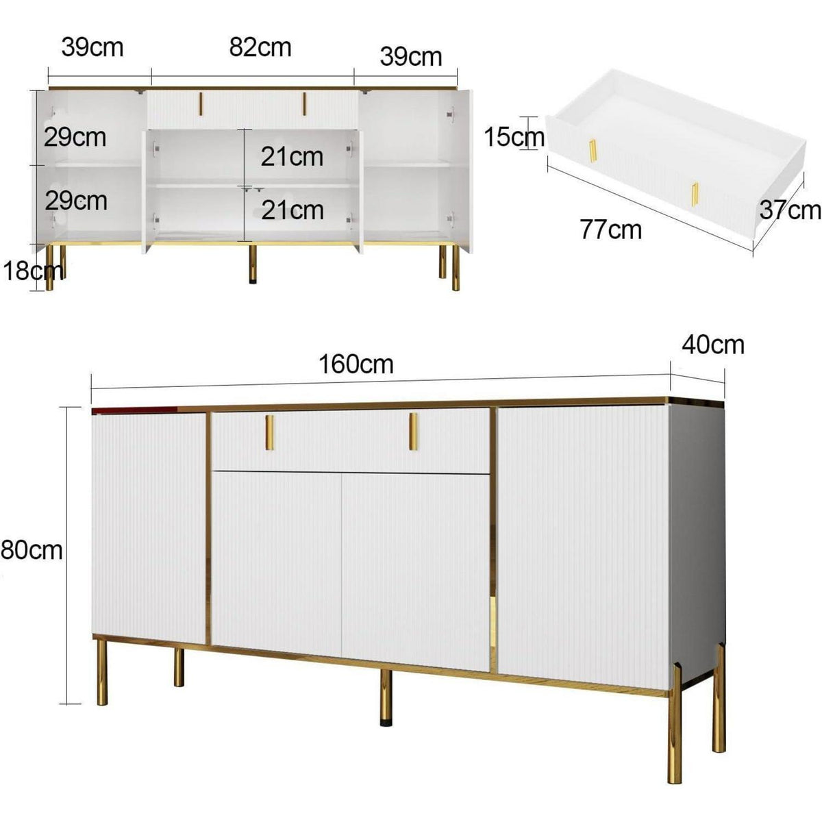 Weißes Sideboard mit 4 Türen & Schublade – 160cm Wohnzimmerschrank
