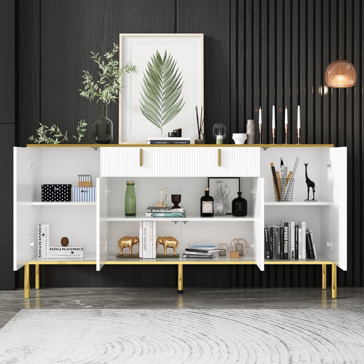 Weißes Sideboard mit 4 Türen & Schublade – 160cm Wohnzimmerschrank