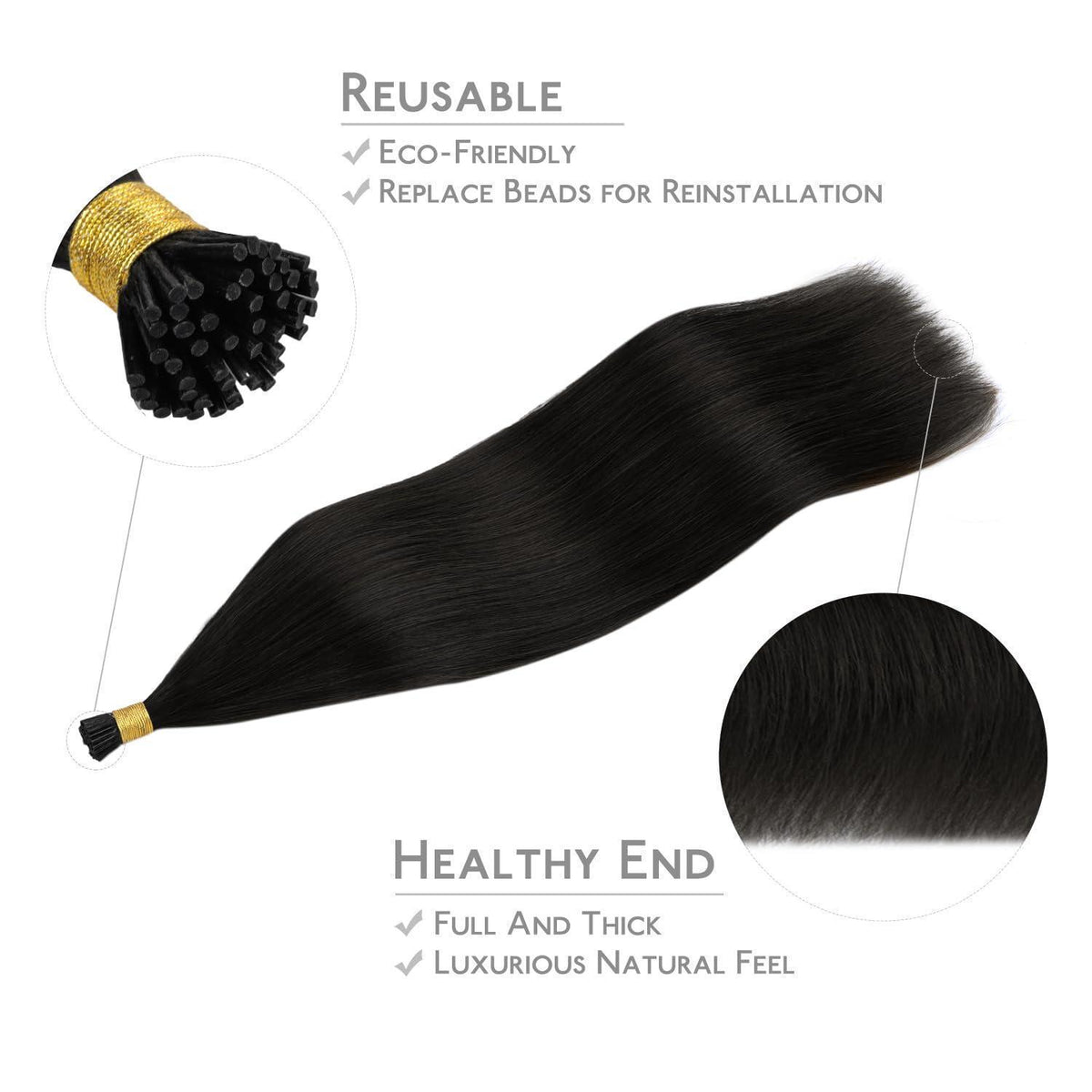 Echthaar I Tip Extensions – Natürliches Schwarz, 50g/50cm