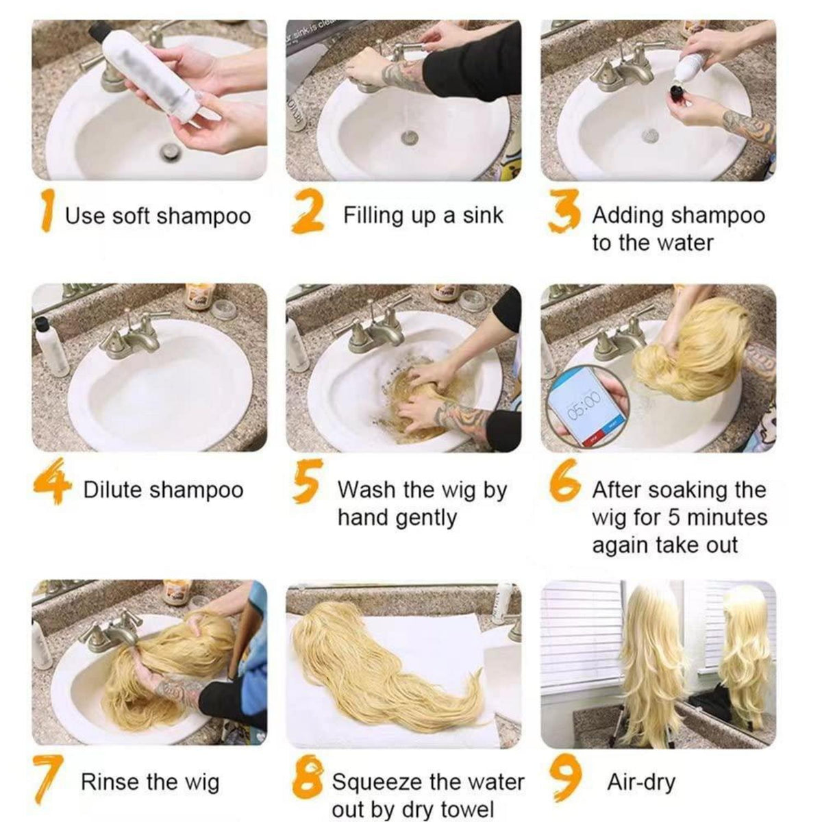 Lange gewellte schwarze Perücke mit Fransen – Synthetikhaar