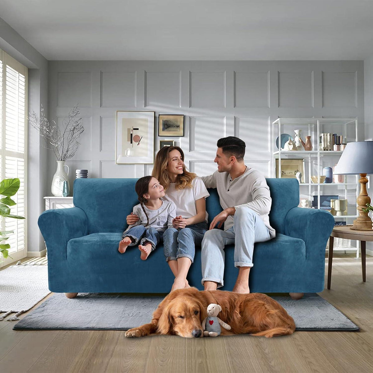 Samt Sofaüberzug 3-Sitzer, Rutschfest & Pflegleicht, Pfau Blau