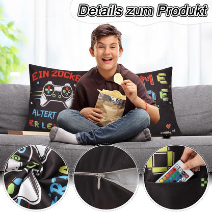 Zierkissen mit 3 Taschen & Spruch "Ein Zocker altert nicht" 45x45 cm