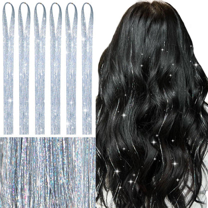 Silbernes Haar Lametta Set – 1200 Strähnen Glitzer Haarverlängerung