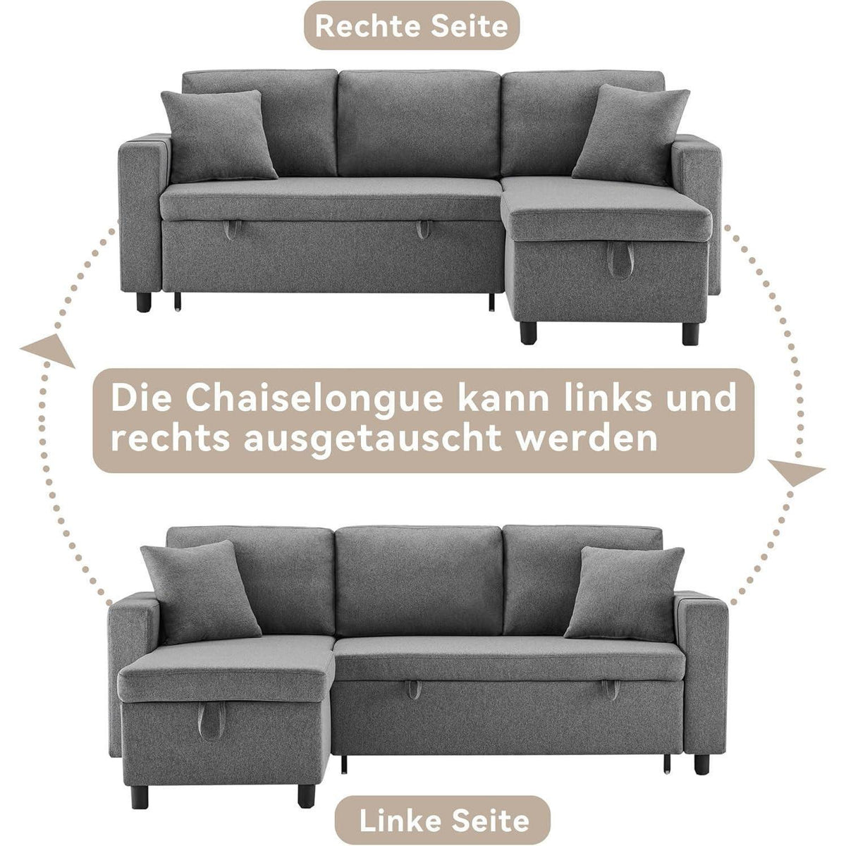 Schlafsofa mit Stauraum & Chaiselongue – Modernes Wohnzimmer Sofa Grau