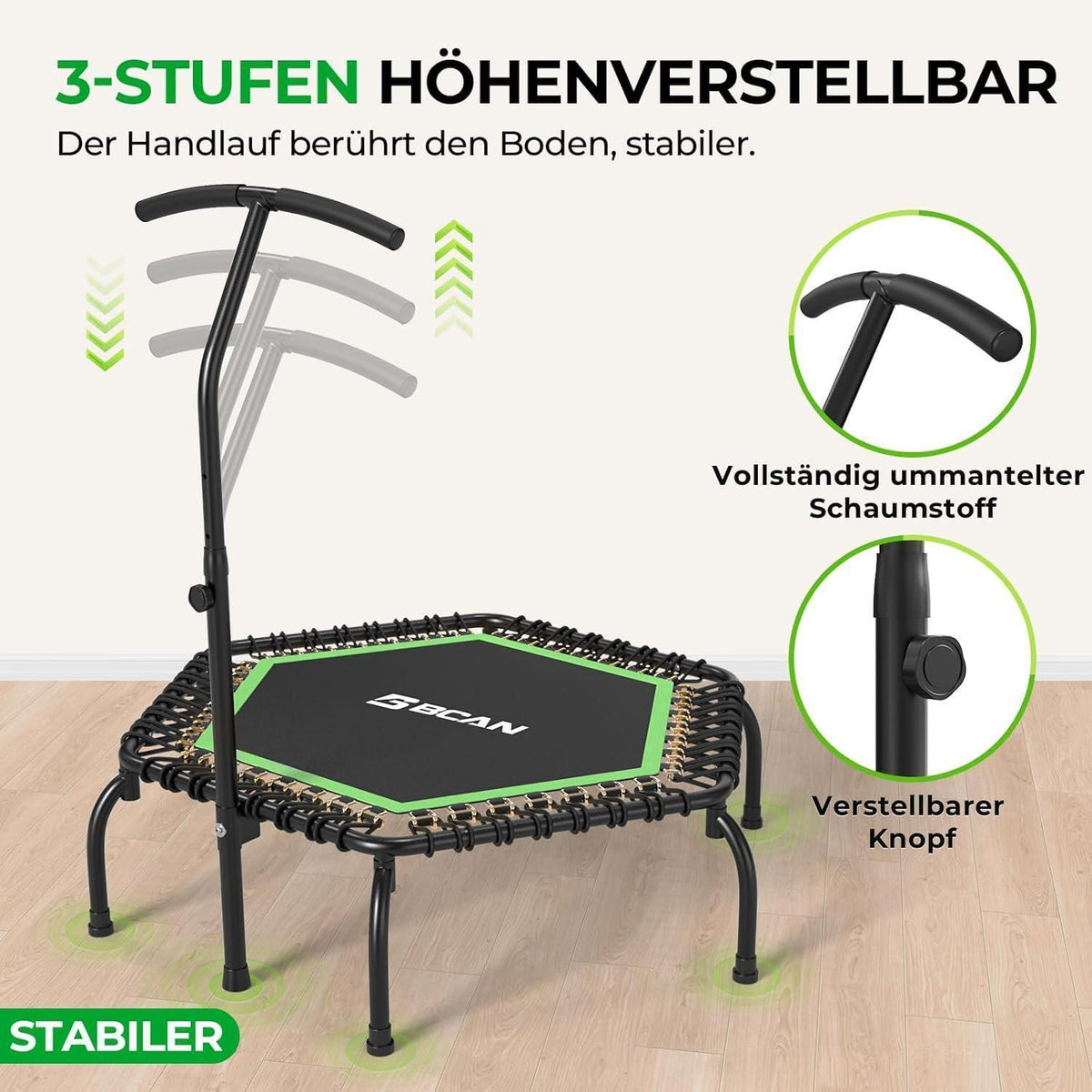 Fitness Trampolin Indoor Ø 122 cm mit T-Griff & Gummiseilen