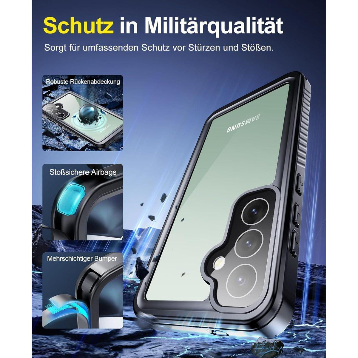 Wasserdichte Hülle für Samsung Galaxy S24, 360° Schutz, Schwarz