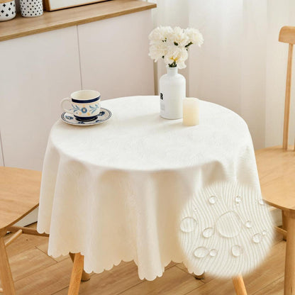 Runde Jacquard Tischdecke 120cm – Cremeweiß, Wellenrand