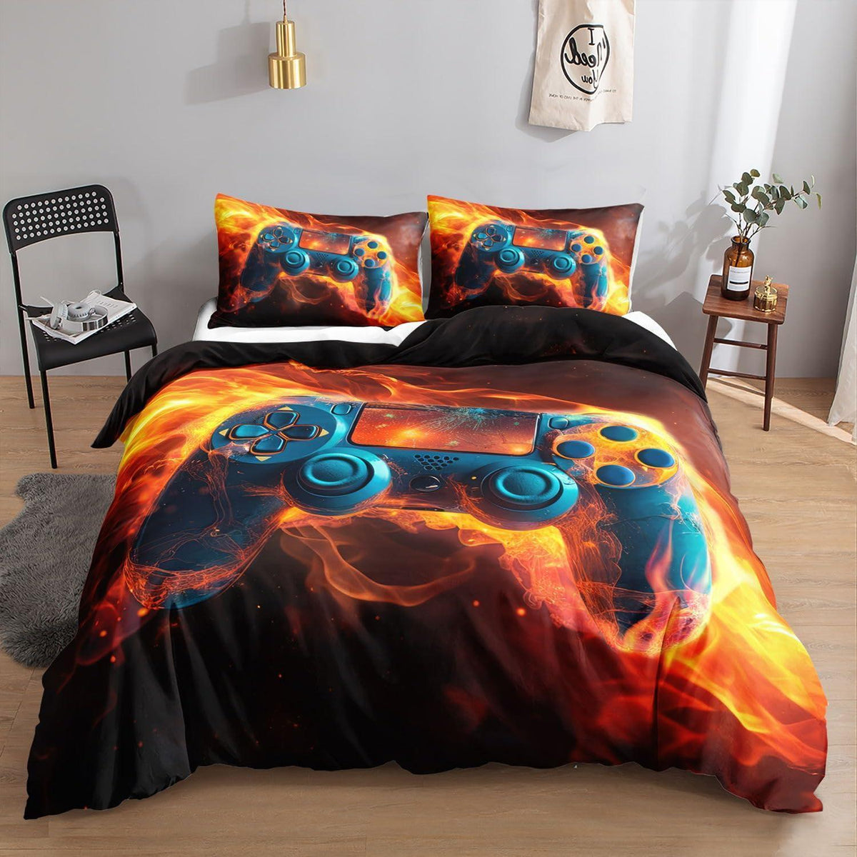 Flammen-Gamepad Bettwäsche-Set 200x200cm mit Kissenbezügen