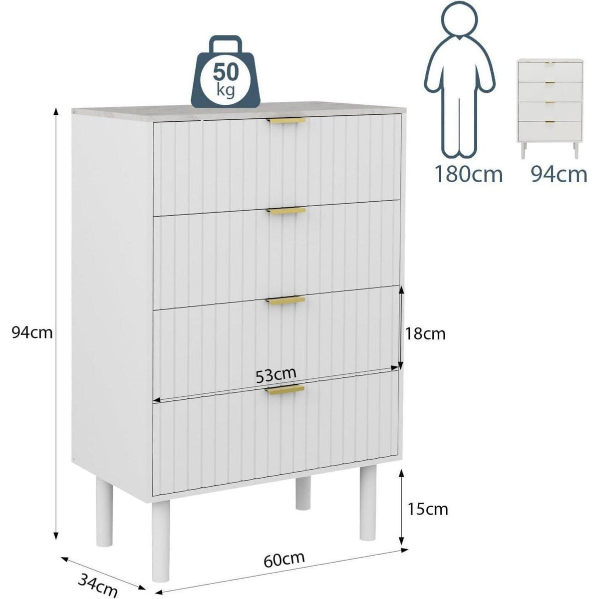 Moderne Kommode mit 8 Schubladen, Weiß – 120x34x94 cm
