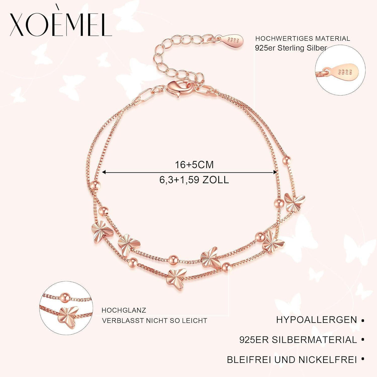 Silber Armband Damen Schmetterlinge mit Perlen, rosévergoldet