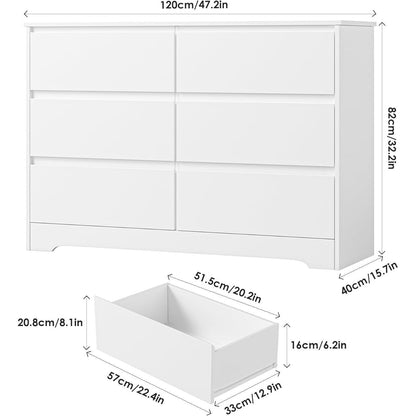 Weiße Kommode mit 6 Schubladen – 120cm Sideboard für Schlafzimmer