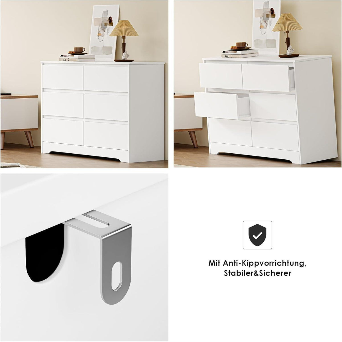 Weiße Kommode mit 6 Schubladen – 120cm Sideboard für Schlafzimmer