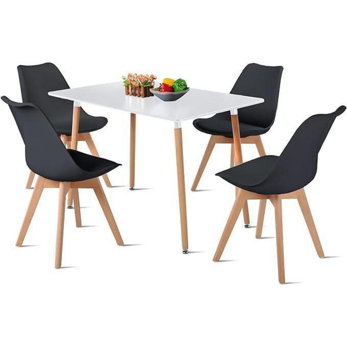 Rechteckiges Esszimmer-Set mit Tisch und 4 Stühlen | Weiß & Schwarz