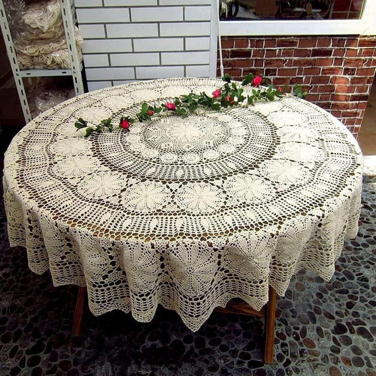 Runde Häkel Tischdecke Beige 160cm – Baumwolle