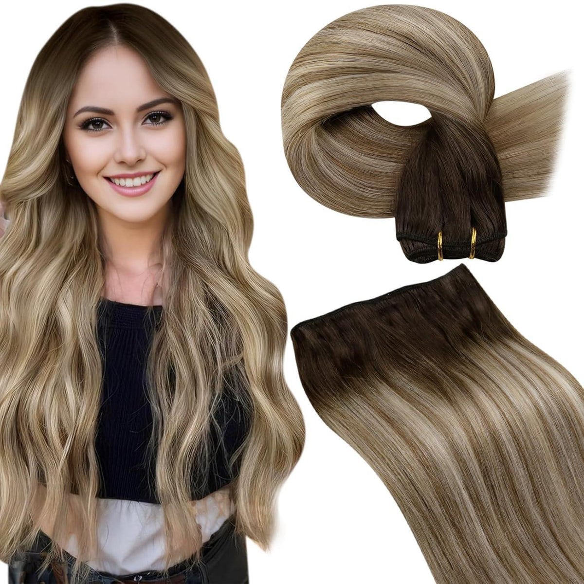 Echthaar Tressen zum Einnähen Hellbraun Balayage 40cm