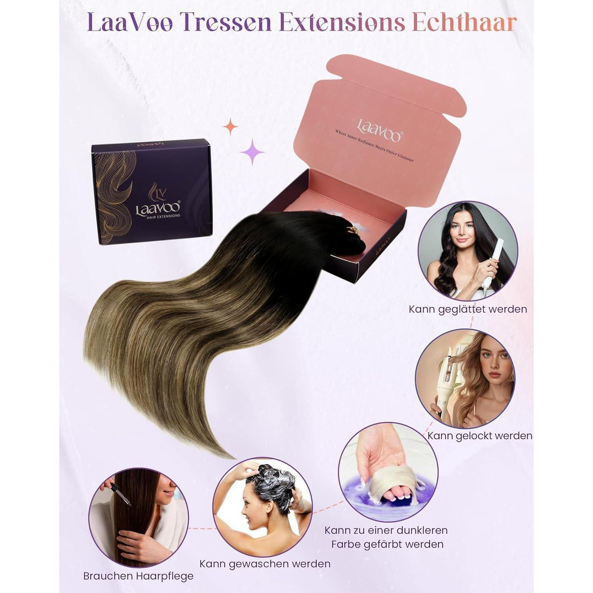 Echthaar Tressen Balayage Schwarzbraun Hellblond 45cm