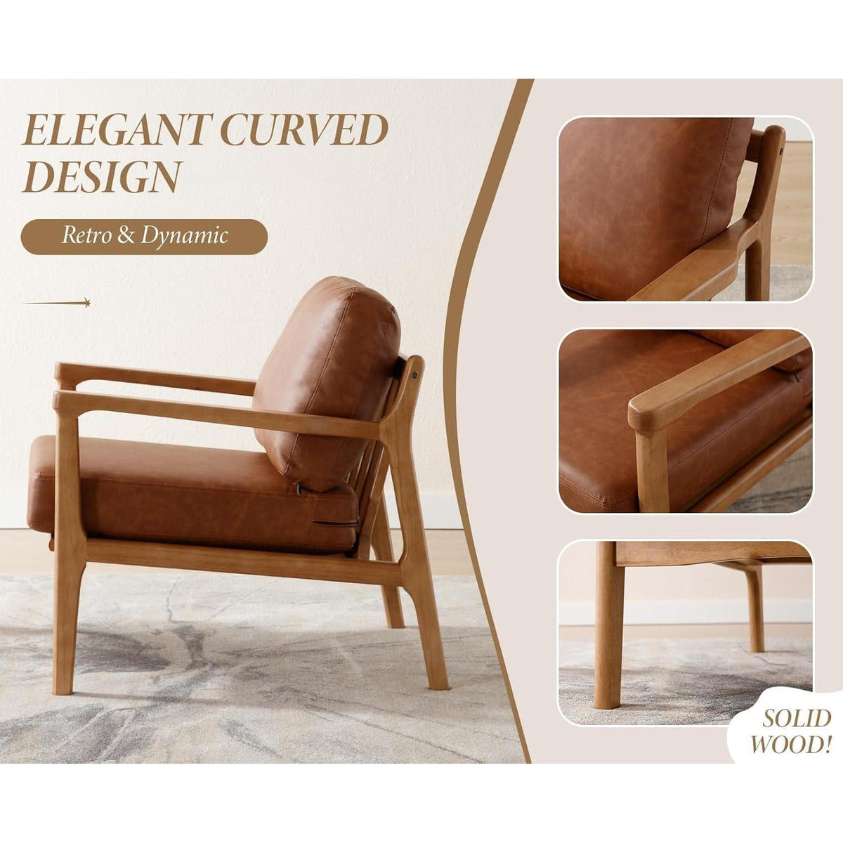 Ohrensessel Braun – Wohnzimmer Lounge Sessel mit Holzrahmen in Lederoptik