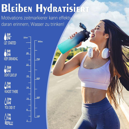 Trinkflasche 1l BPA-frei Auslaufsicher Sportflasche Zeitmarke Blau