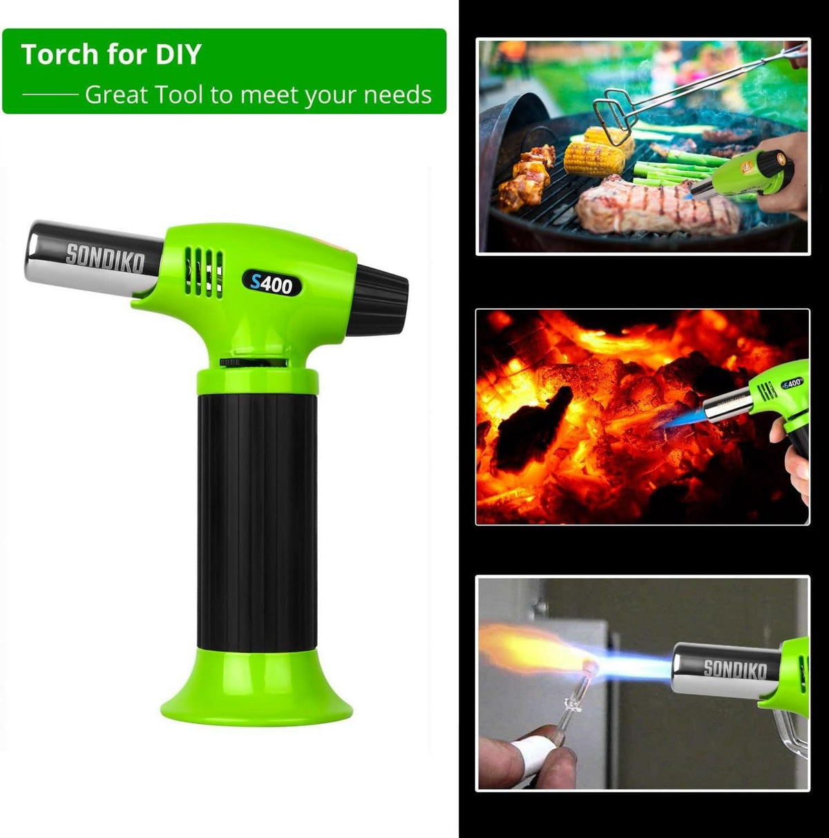 Sondiko Küchenbrenner Flambierbrenner Safety-Lock Creme Brulee DIYinement Grün