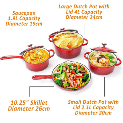 Gusseisen Kochgeschirr Set 7-teilig | Dutch Oven, Topf & Pfanne Rot