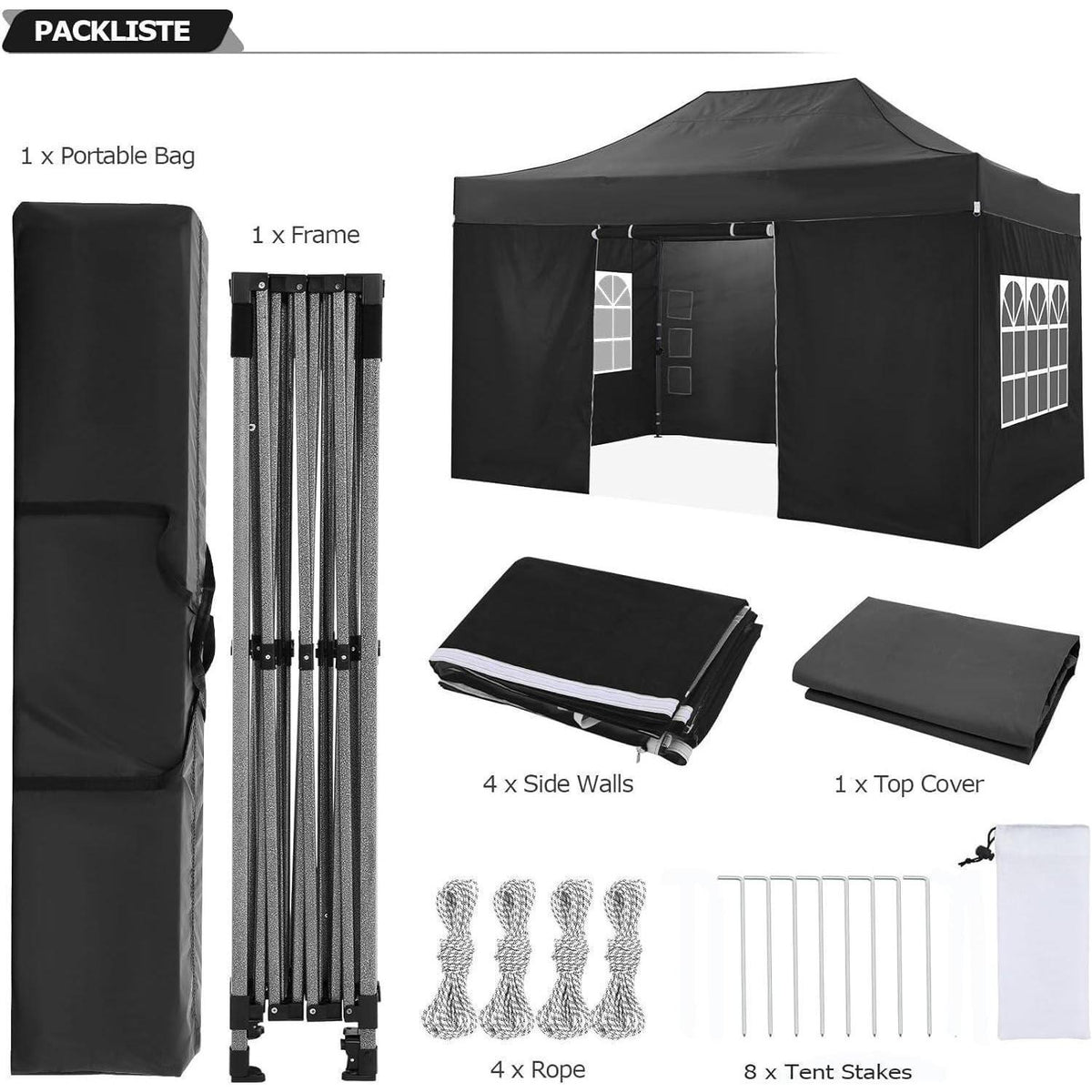 Faltpavillon 3x4.5m, Wasserdicht & Stabil – Gartenpavillon mit Seitenteilen