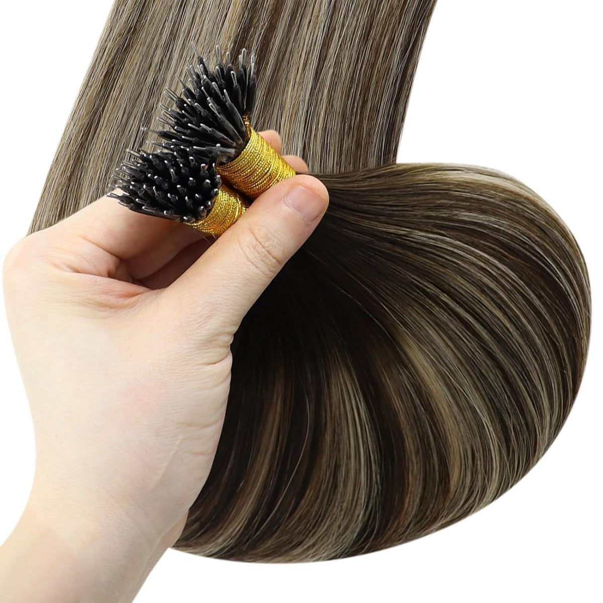 Nanoring Extensions Echthaar Balayage Ombre Dunkelbraun Aschblond 60cm