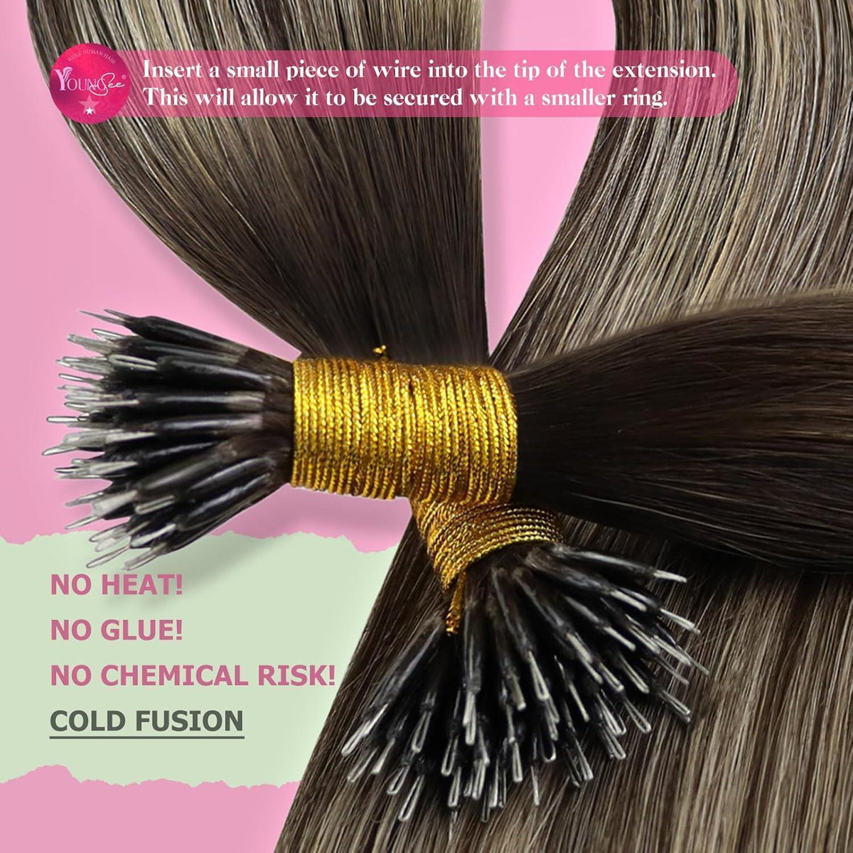 Echthaar Nano Ring Extensions Dunkelbraun Ombre Blonde 50cm