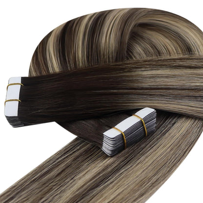 Tape-in Haarverlängerung Ombre Braun Blond 55cm Echthaar