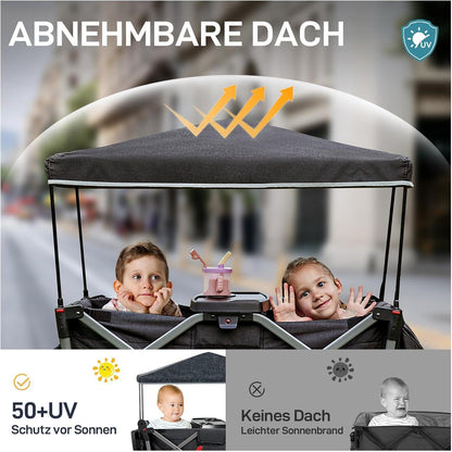 Faltbarer Bollerwagen für 2 Kinder mit Dach und Wickelrucksack