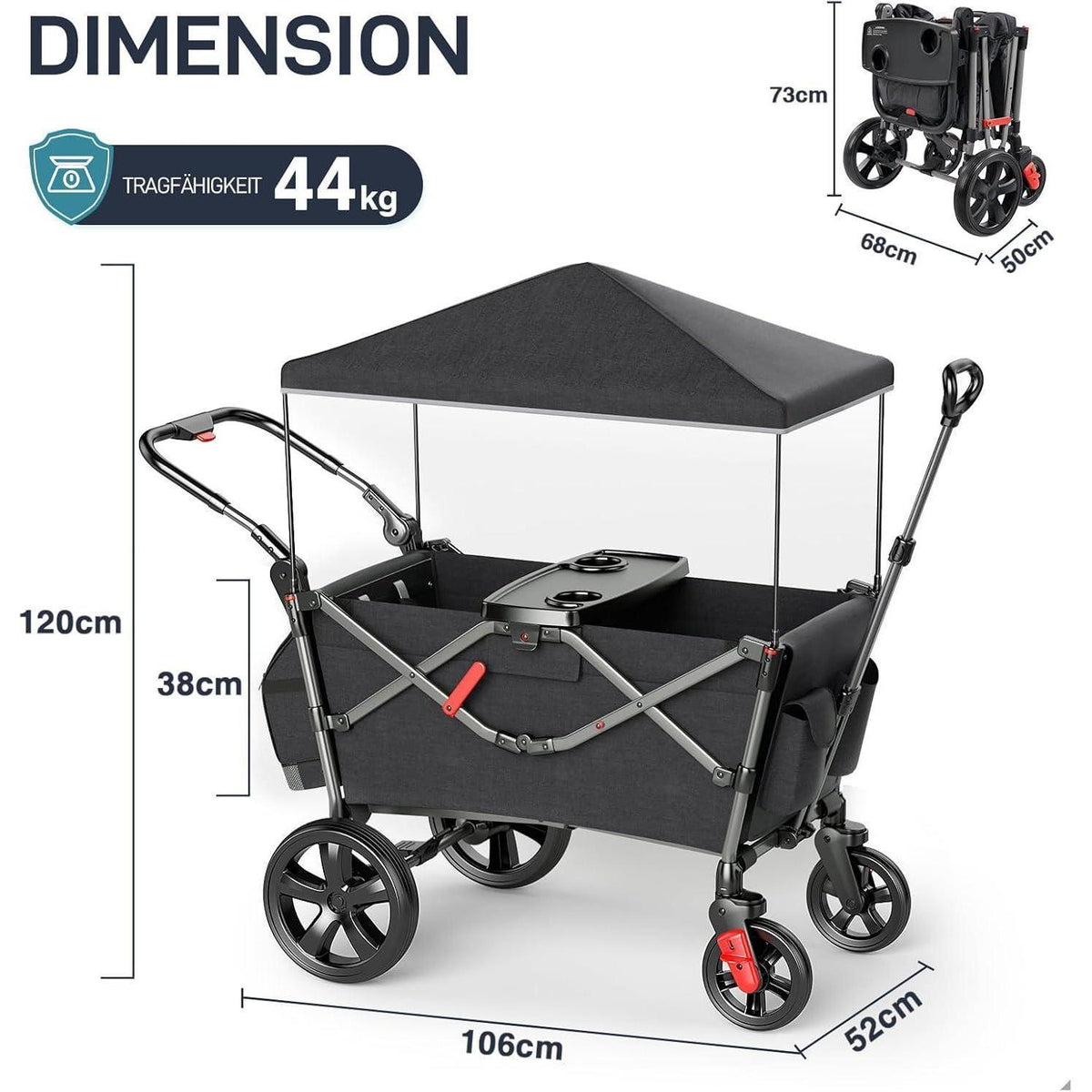 Faltbarer Bollerwagen für 2 Kinder mit Dach und Wickelrucksack