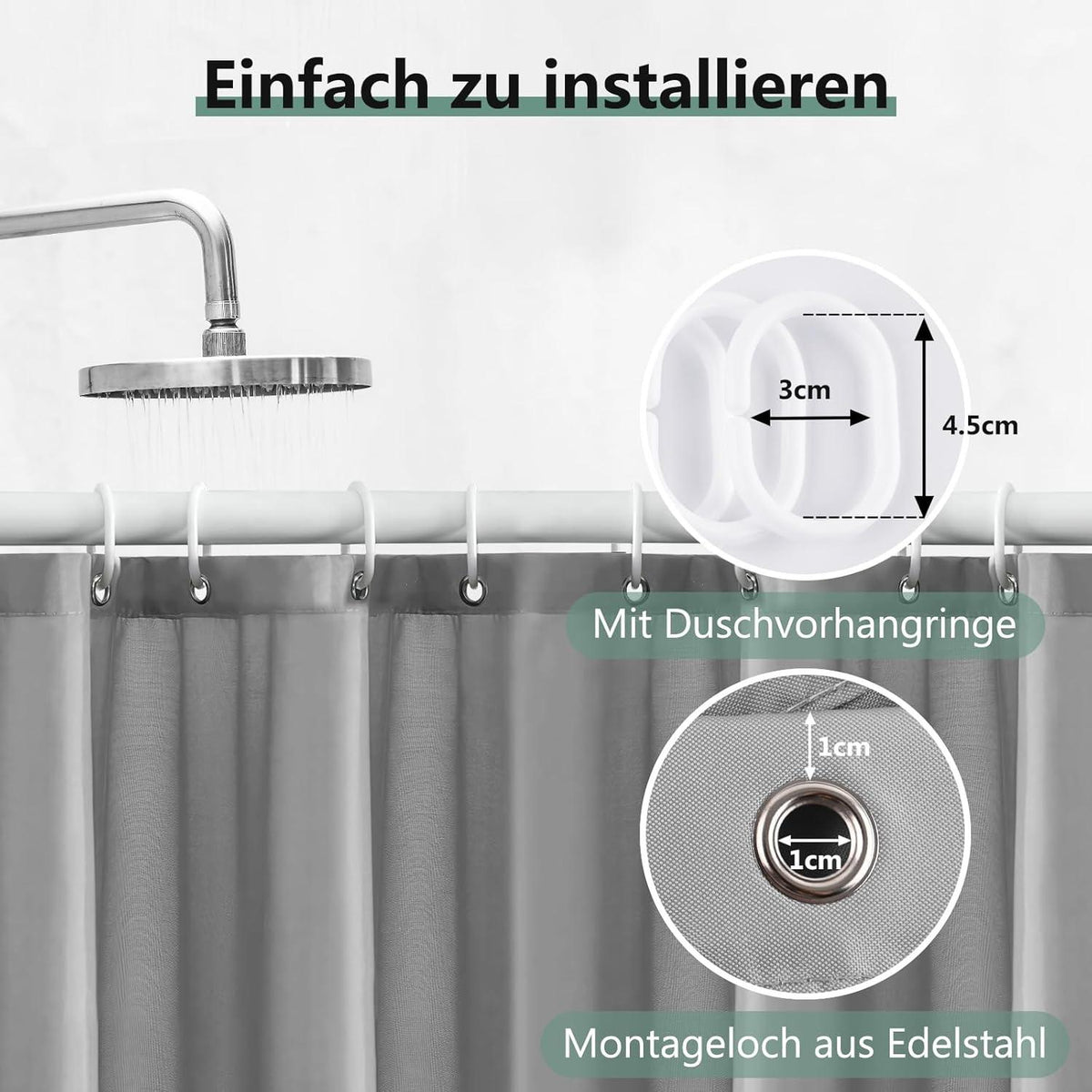 Duschvorhang 180x220 cm Grau Anti-schimmel Wasserabweisend Antibakteriell Textil