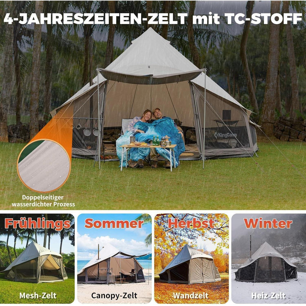 Glampingzelt für 6-12 Personen, Baumwolle, wasserdicht, mit Ofenöffnung