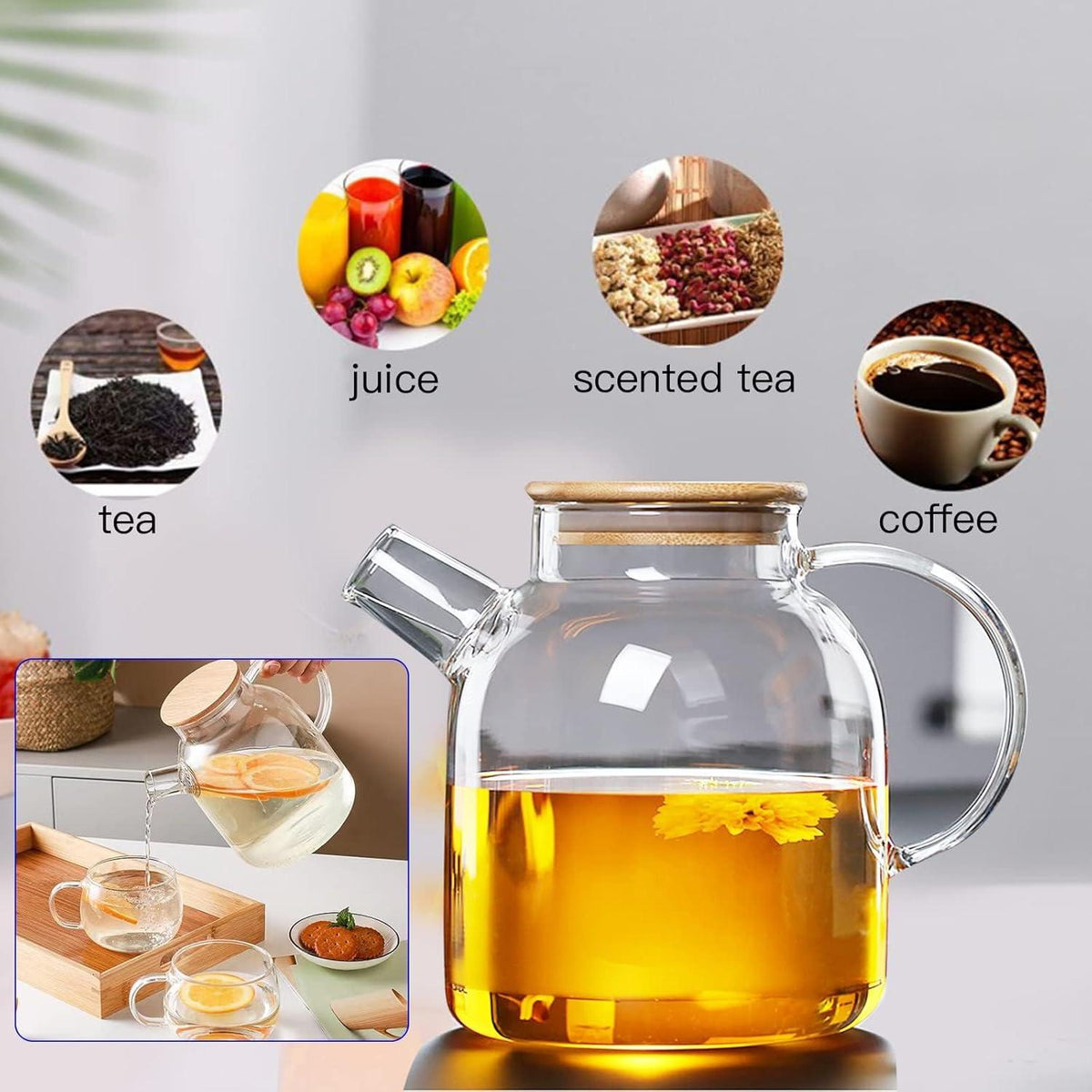 Teekanne Glas 1500ml, Teetasse Deckel Sieb Borosilikatglas Teebereiter