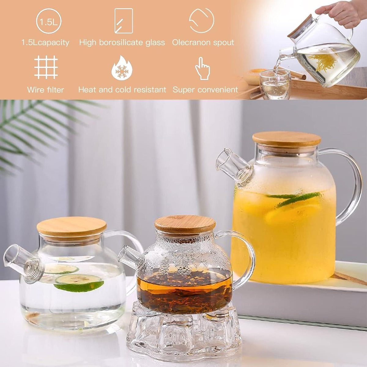 Teekanne Glas 1500ml Siebeinsatz Deckel Sieb Borosilikat Teebereiter