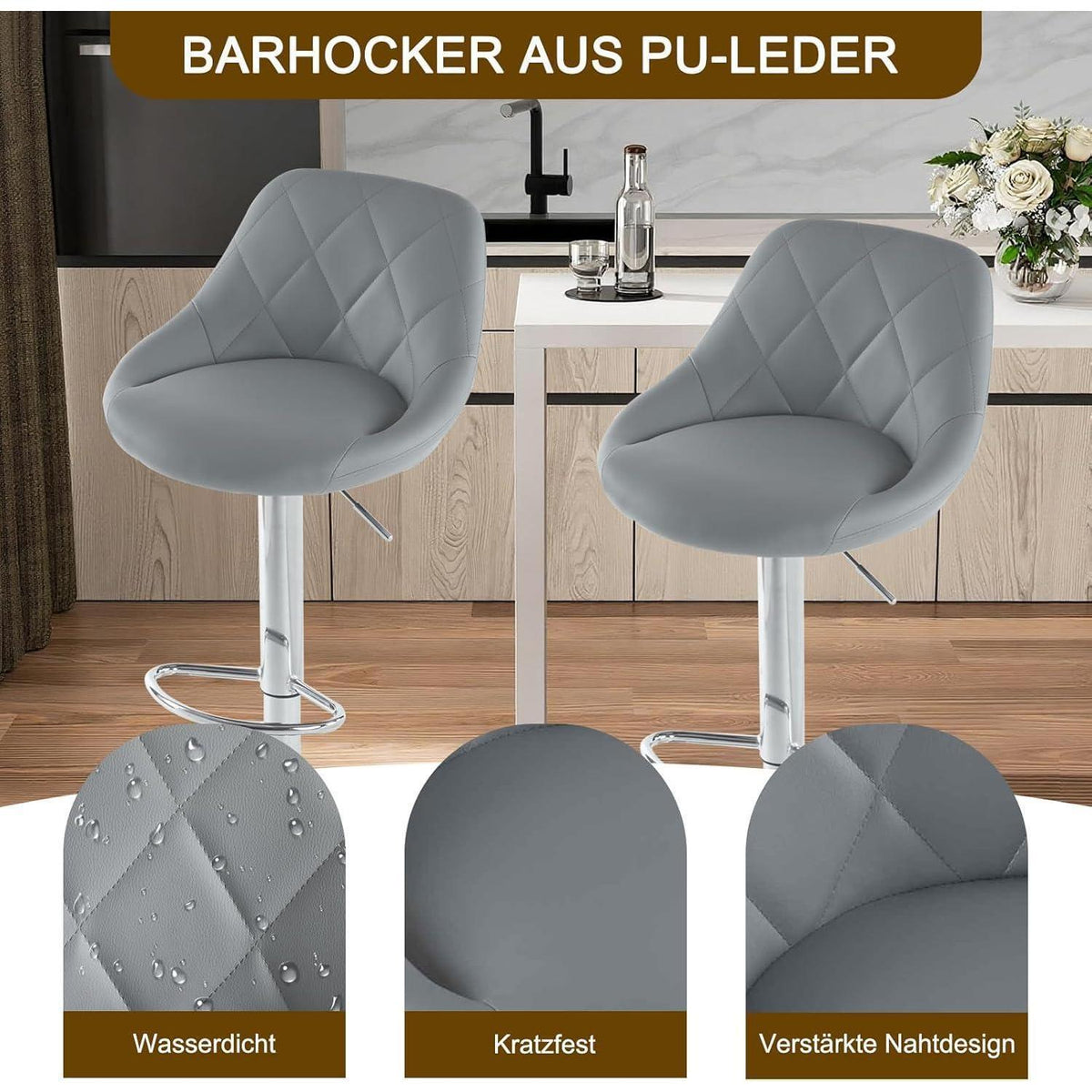 LEADZM Barhocker 2er Set, Höhenverstellbar & Drehbar, Grau