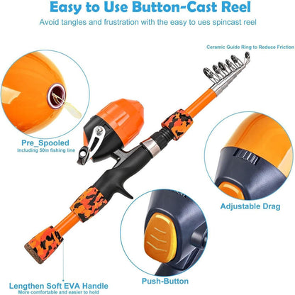 Angelset für Erwachsene & Kinder, Teleskop-Angelrute aus Carbon, Orange
