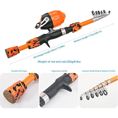 Angelset für Erwachsene & Kinder, Teleskop-Angelrute aus Carbon, Orange