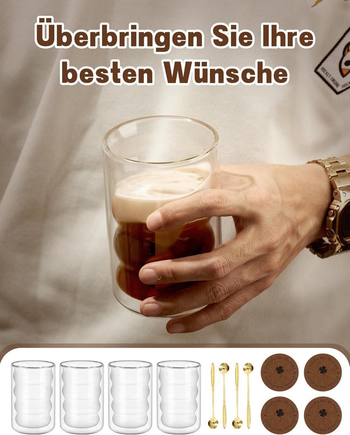 Latte Macchiato Gläser Set 350ml Doppelwandig 4 Löffel 4 Untersetzer