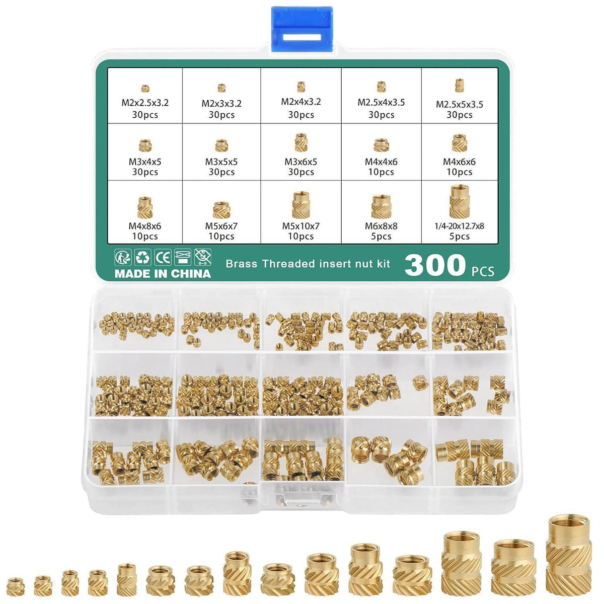 300x Messing Gewindeeinsätze für 3D Druck, M2-M6 Rändelmuttern