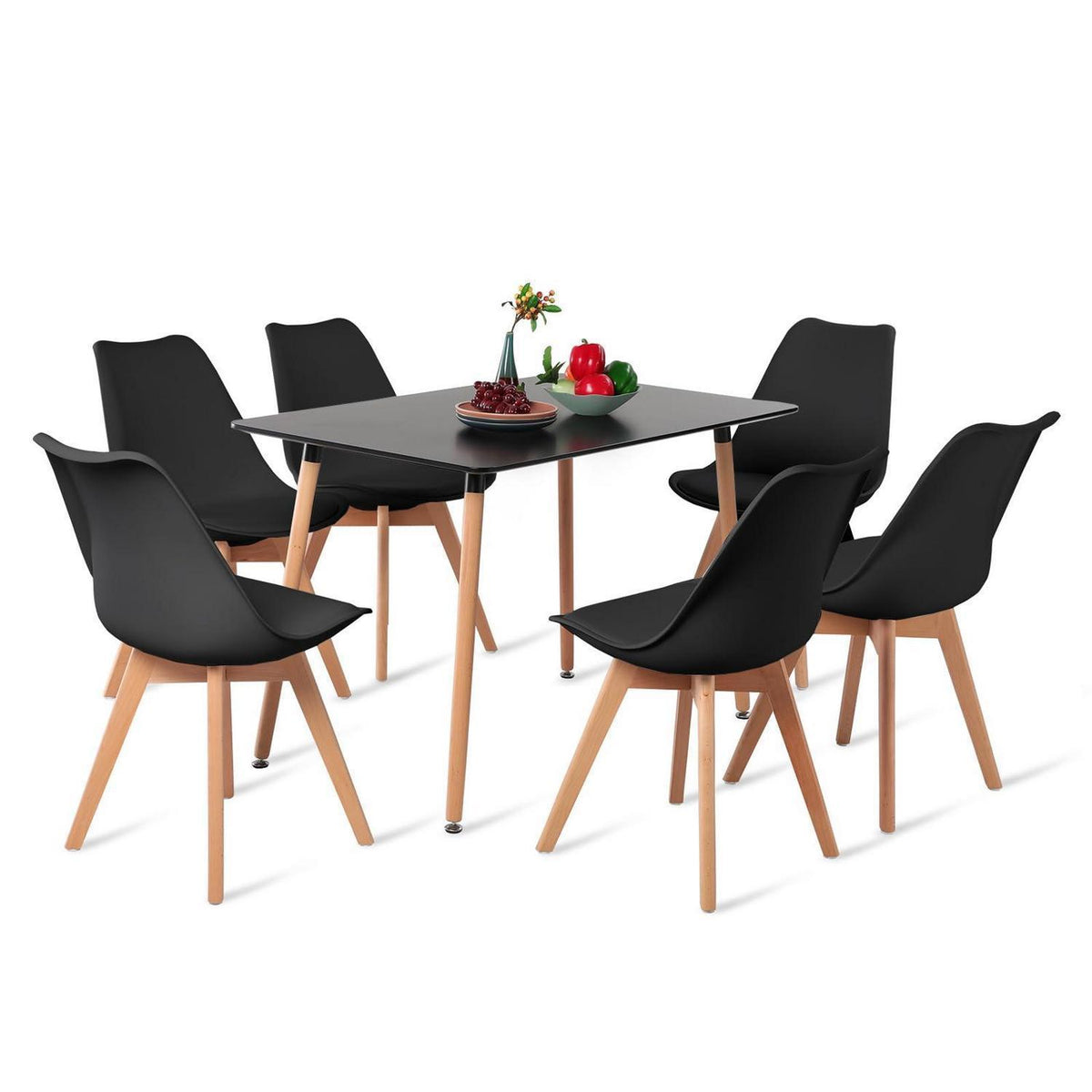 Rechteckiges Esszimmer-Set mit 6 Stühlen – Schwarzer Holztisch
